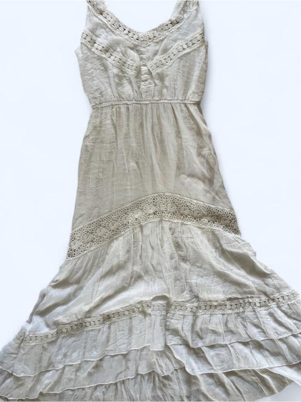 White Maxi Dress Button Front Crochet Boho Country Coastal Cottagecore Size M - Picture 8 of 14